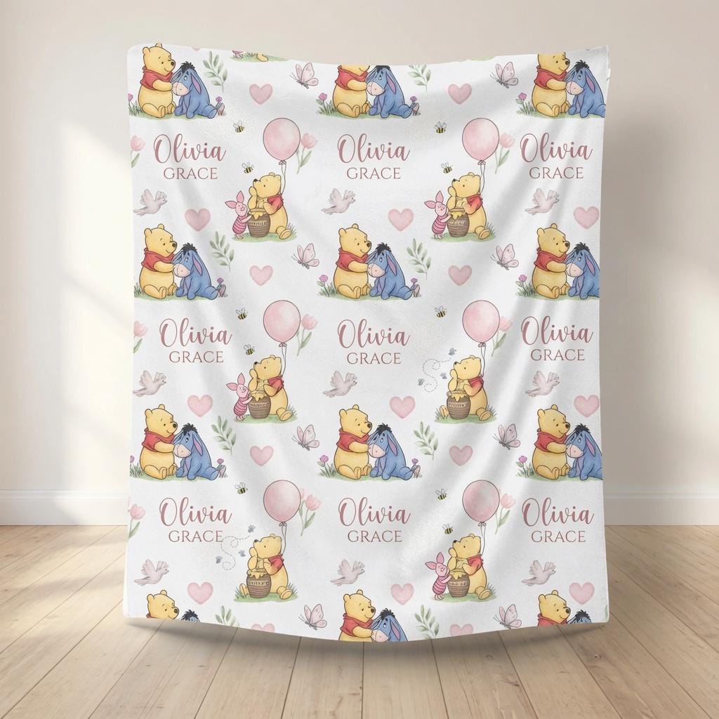 Personalized Classic Winnie the Pooh Blanket, Custom Hundred Acre Wood Nursery Plushy Blanket, Vintage Pooh and Friends Blanket