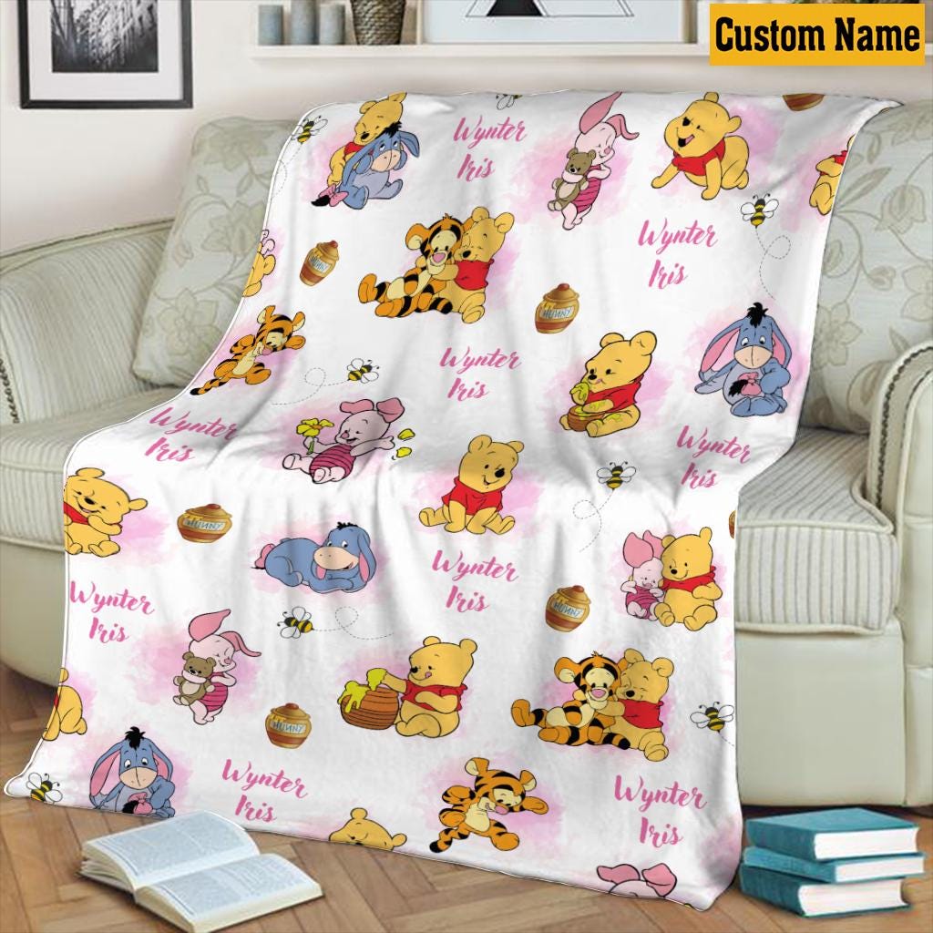 Personalized Winnie the Pooh Baby Blanket, Custom Name Eeyore, Piglet, Tigger , Vintage Pooh and Friends Fleece Blanket, Birthday boy Girl
