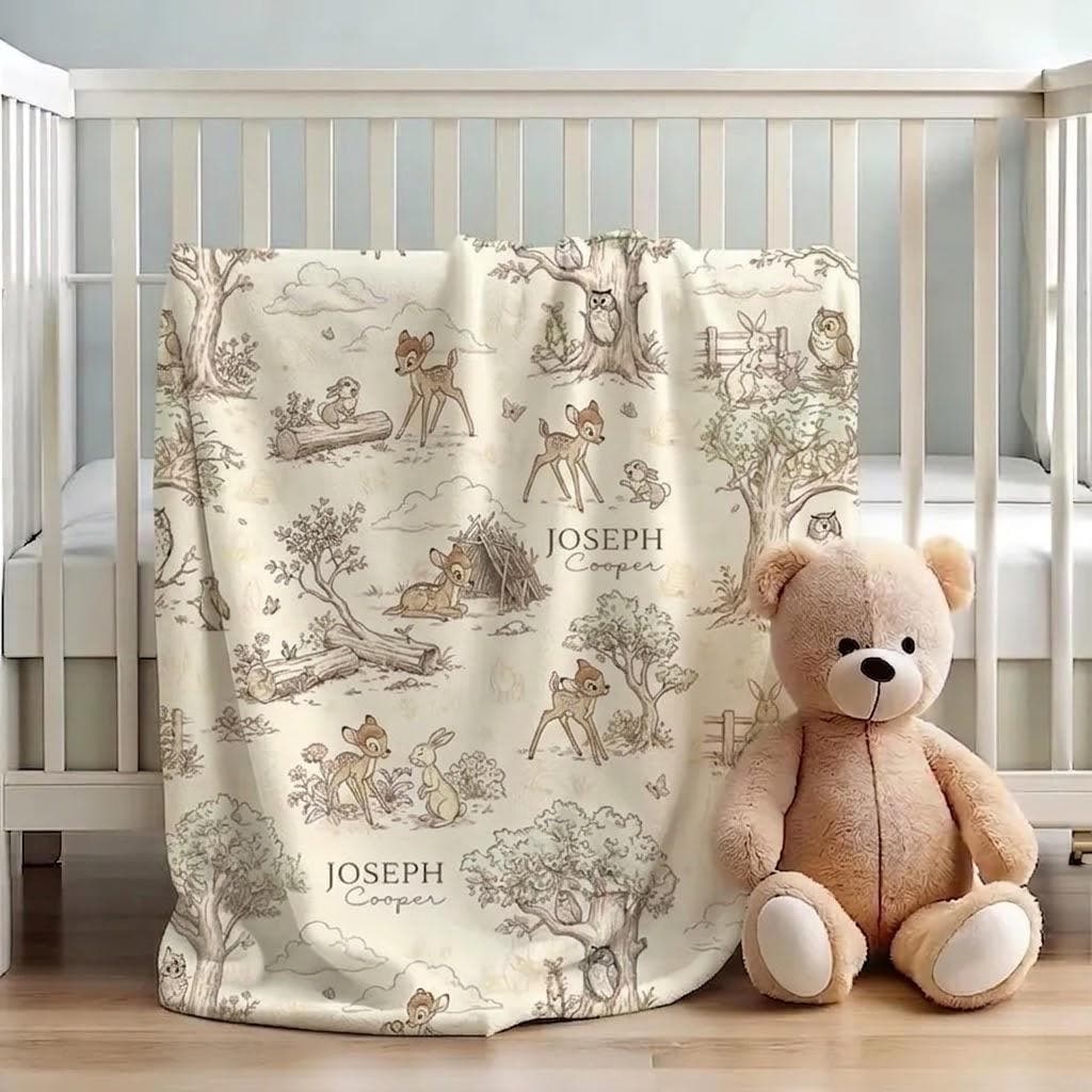 Bambi Thumper Personalized Woven Blanket, Custom Disney Forest Nursery Decor, Woodland Deer Baby Shower Gift, Bambi Nursery Plushy Blanket