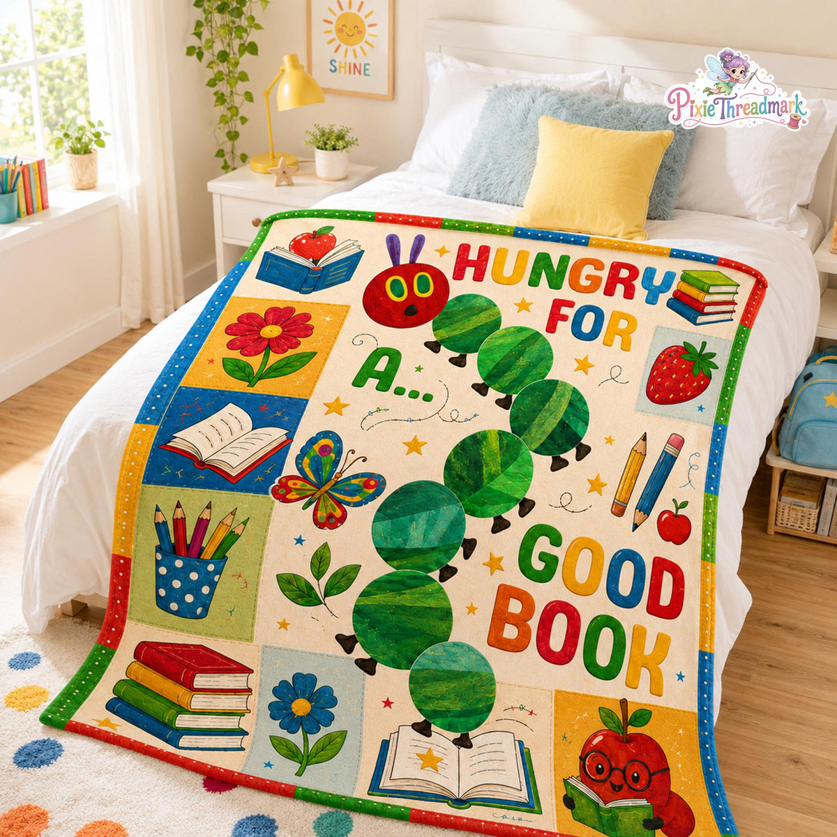 The Very Hungry Caterpillar Blanket, Hungry For A Good Book Throw Blanket, Reading Teacher Gift, Literacy Teacher Throw, Bookworm Gift