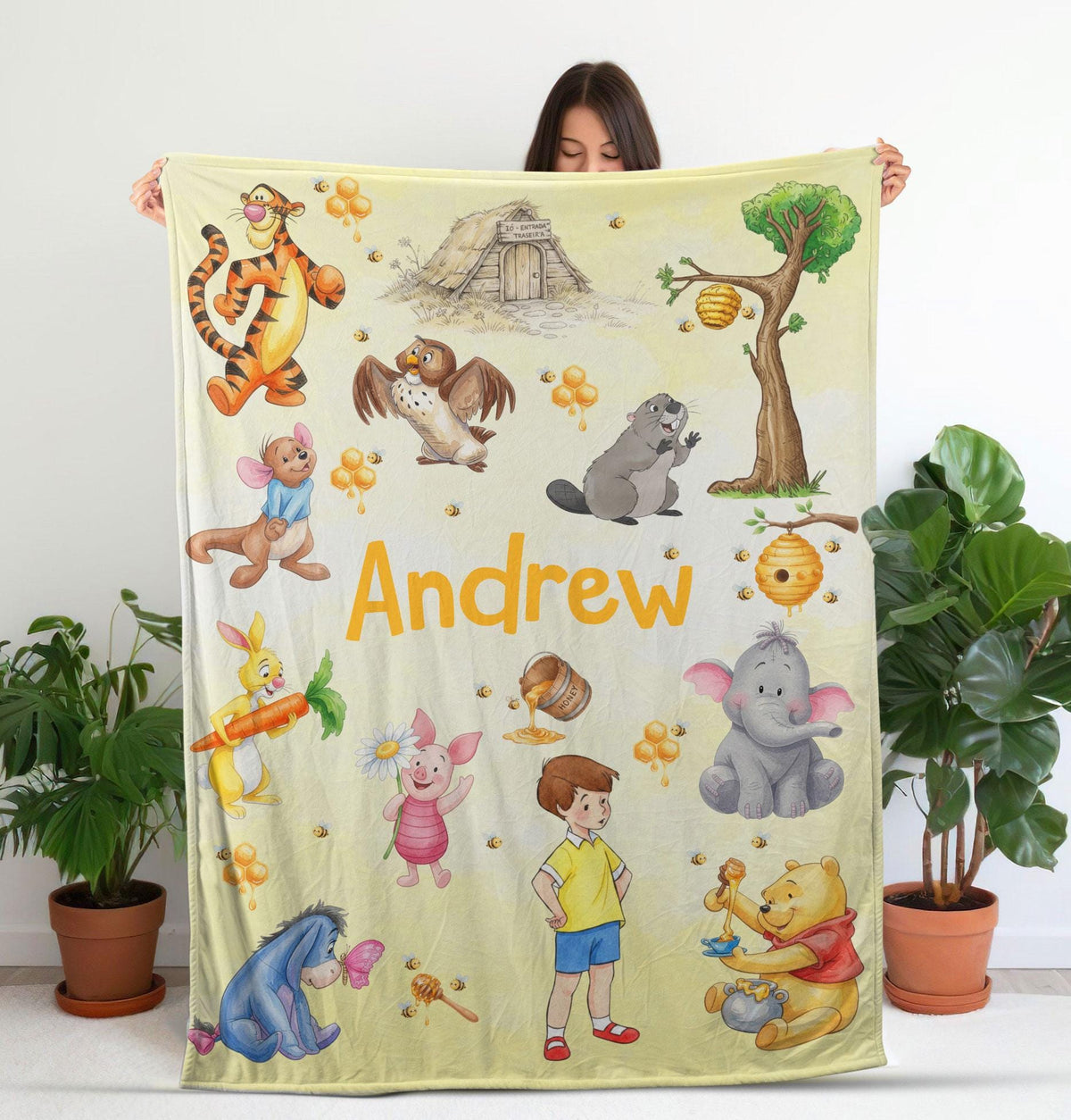 Personalized Pooh And Friends Blanket, Custom Name Disney Pooh Blanket, Vintage Winnie The Pooh, Disney Blanket for Kid, Baby Shower Gift
