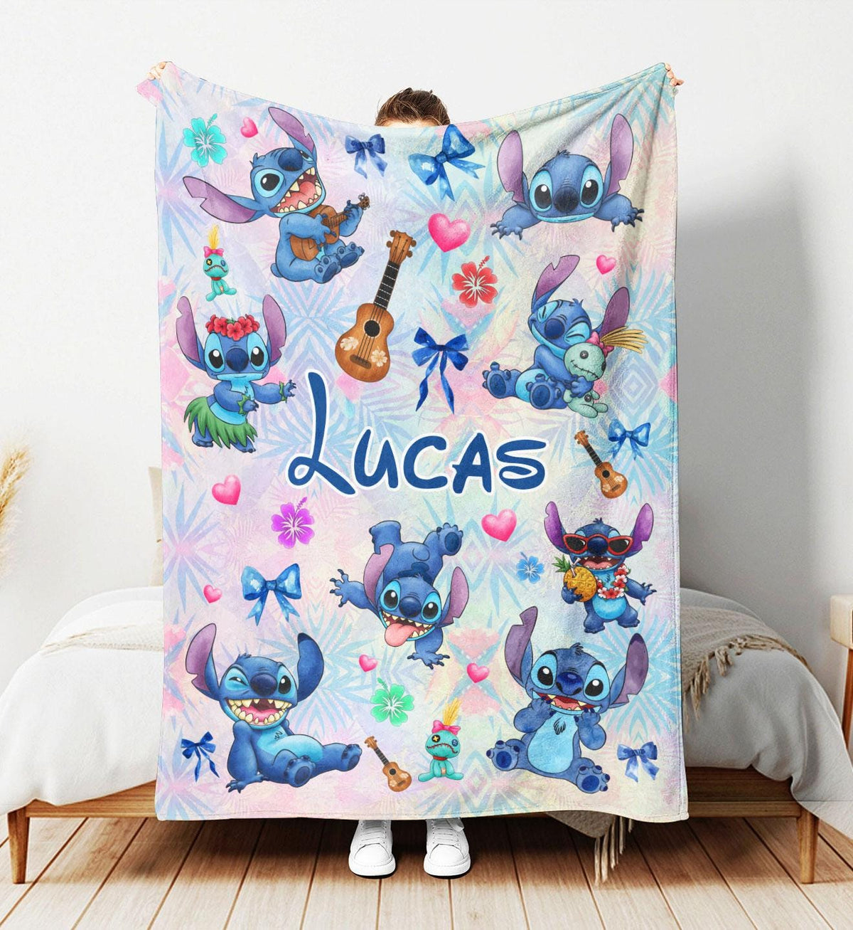 Custom Name Disney Stitch Blanket, Personalized Watercolor Stitch Blanket,Kid Name Blanket, Birthday Boy Girl Blanket, Disney Fan Gift