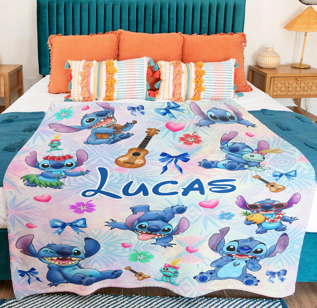 Custom Name Disney Stitch Blanket, Personalized Watercolor Stitch Blanket,Kid Name Blanket, Birthday Boy Girl Blanket, Disney Fan Gift
