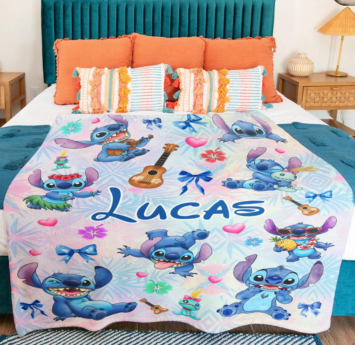 Custom Name Disney Stitch Blanket, Personalized Watercolor Stitch Blanket,Kid Name Blanket, Birthday Boy Girl Blanket, Disney Fan Gift