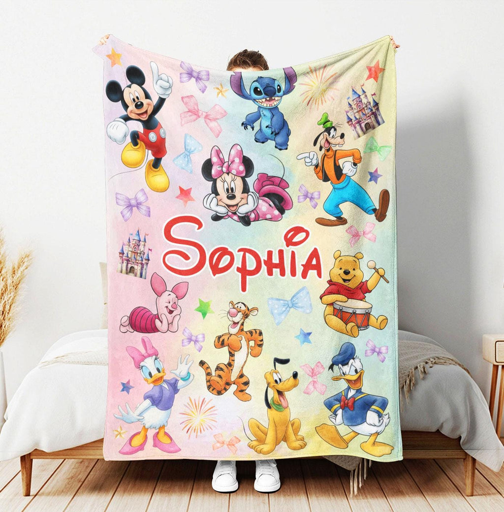 Custom Name Mouse And Friends Blanket, Personalized Watercolor Mouse And Friends Blanket, Disney Blanket for Kid, Cartoon Kid Blanket