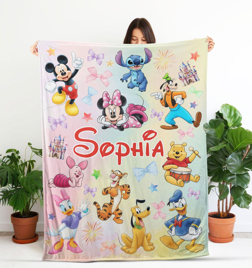 Custom Name Mouse And Friends Blanket, Personalized Watercolor Mouse And Friends Blanket, Disney Blanket for Kid, Cartoon Kid Blanket
