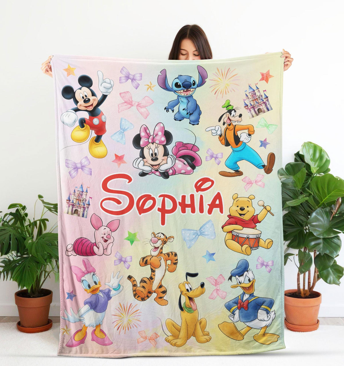 Custom Name Mouse And Friends Blanket, Personalized Watercolor Mouse And Friends Blanket, Disney Blanket for Kid, Cartoon Kid Blanket