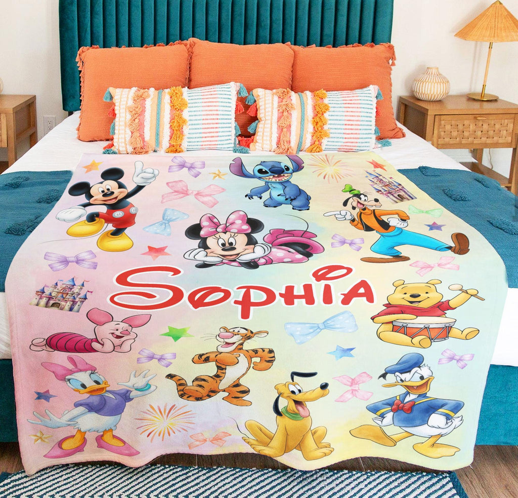 Custom Name Mouse And Friends Blanket, Personalized Watercolor Mouse And Friends Blanket, Disney Blanket for Kid, Cartoon Kid Blanket