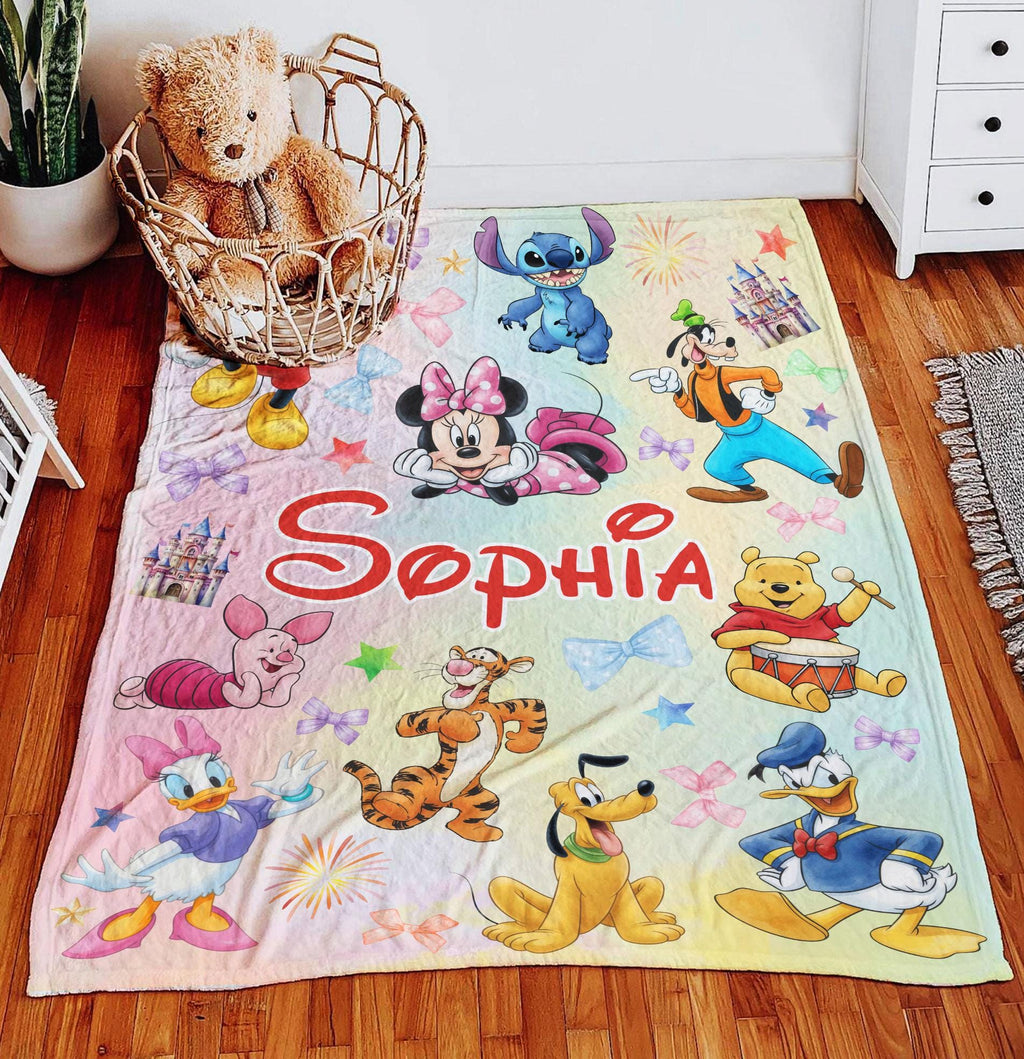 Custom Name Mouse And Friends Blanket, Personalized Watercolor Mouse And Friends Blanket, Disney Blanket for Kid, Cartoon Kid Blanket