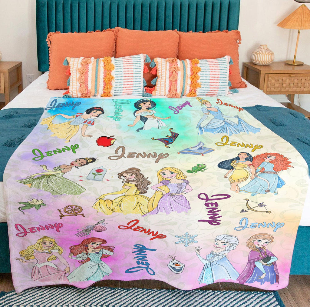 Personalized Watercolor Disney Princess Blanket, Custom Name Disney Princess Blanket, Disney Blanket for Kid, Disneyland Baby Girl Trip