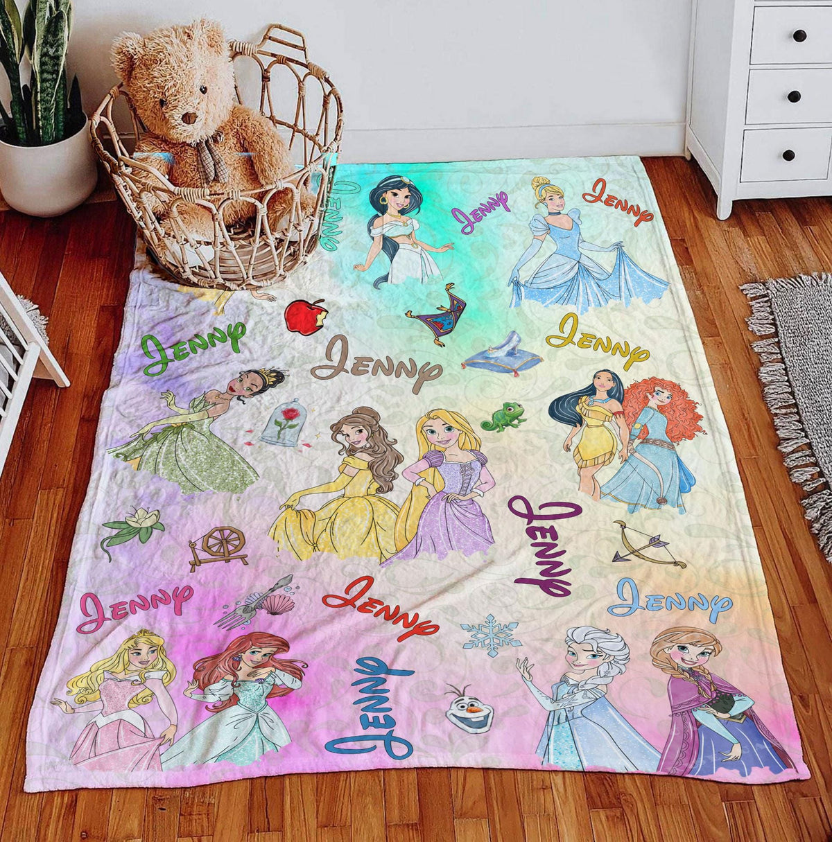 Personalized Watercolor Disney Princess Blanket, Custom Name Disney Princess Blanket, Disney Blanket for Kid, Disneyland Baby Girl Trip