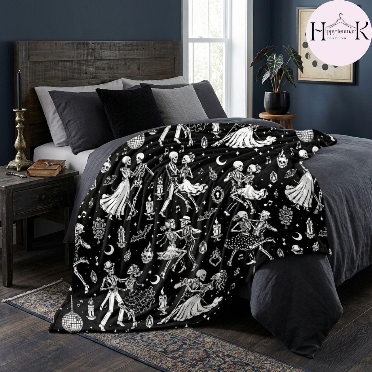 Dancing Skeleton Fleece Blanket, Vintage Gothic Throw, Dark Academia Couch Blanket, Halloween Decor