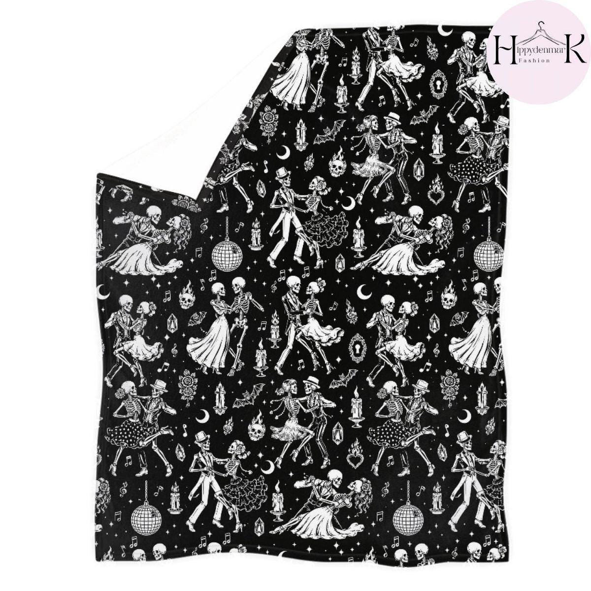 Dancing Skeleton Fleece Blanket, Vintage Gothic Throw, Dark Academia Couch Blanket, Halloween Decor