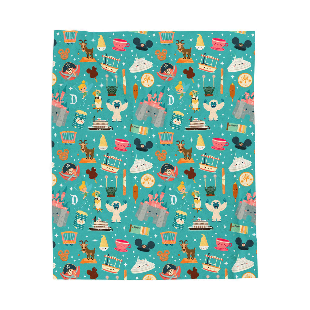 Theme Park Icons Pattern Velveteen Plush Blanket | Disney Fan Throw, Gift for Disney Lover
