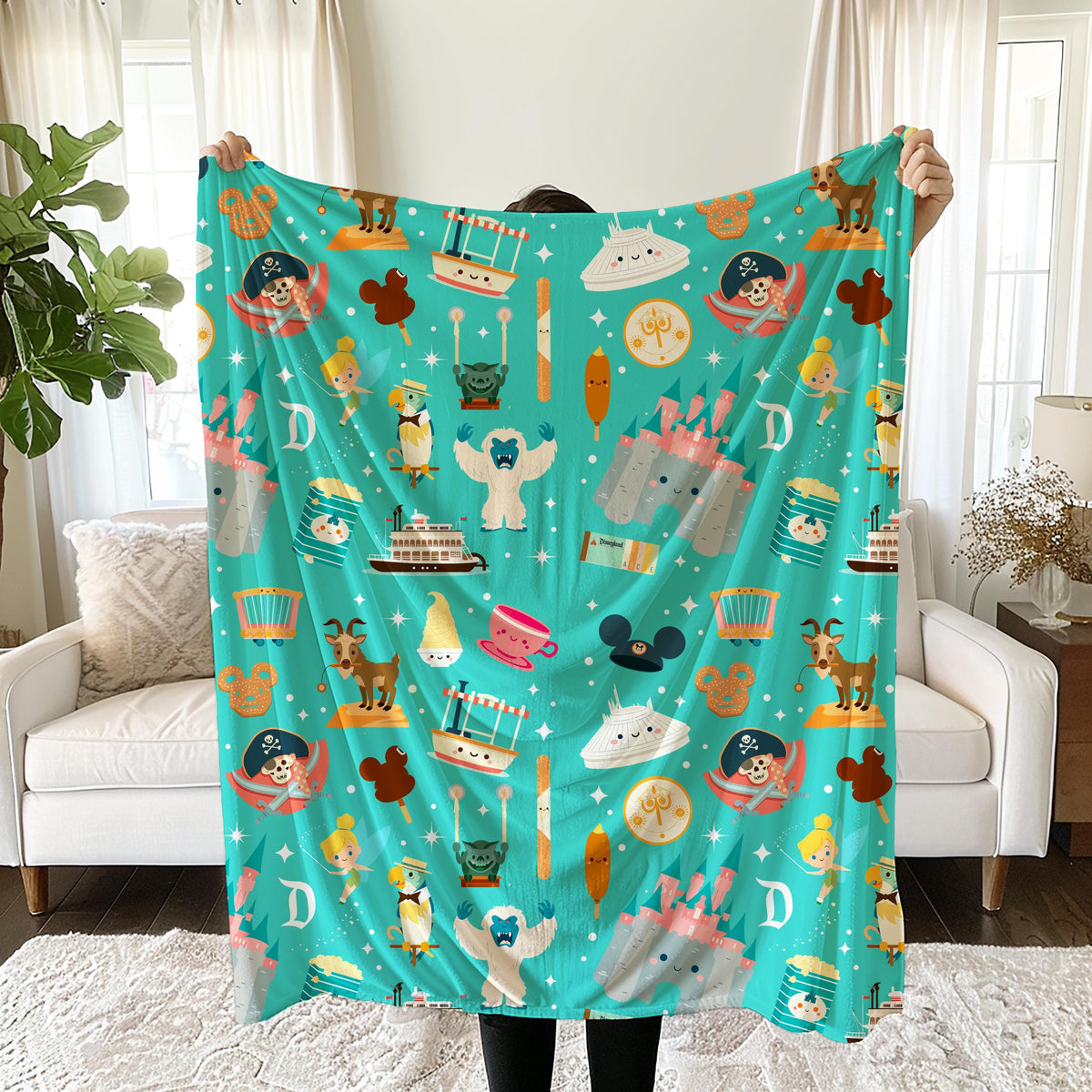Theme Park Icons Pattern Velveteen Plush Blanket | Disney Fan Throw, Gift for Disney Lover