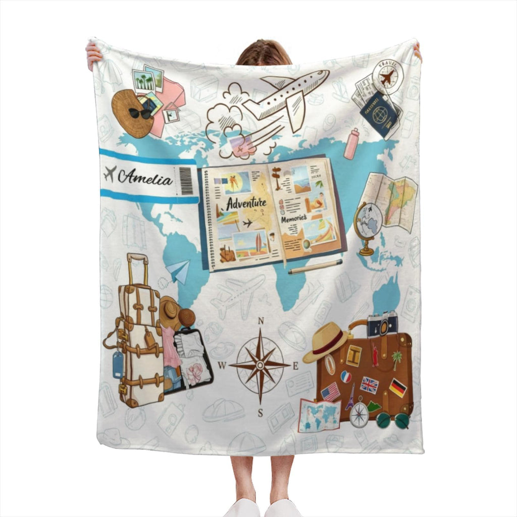 Personalized Travel Blanket Custom Name - Wanderlust World Map Throw Blanket, Adventure Vacation Gift for Traveler, Soft Fleece Cozy Snuggle