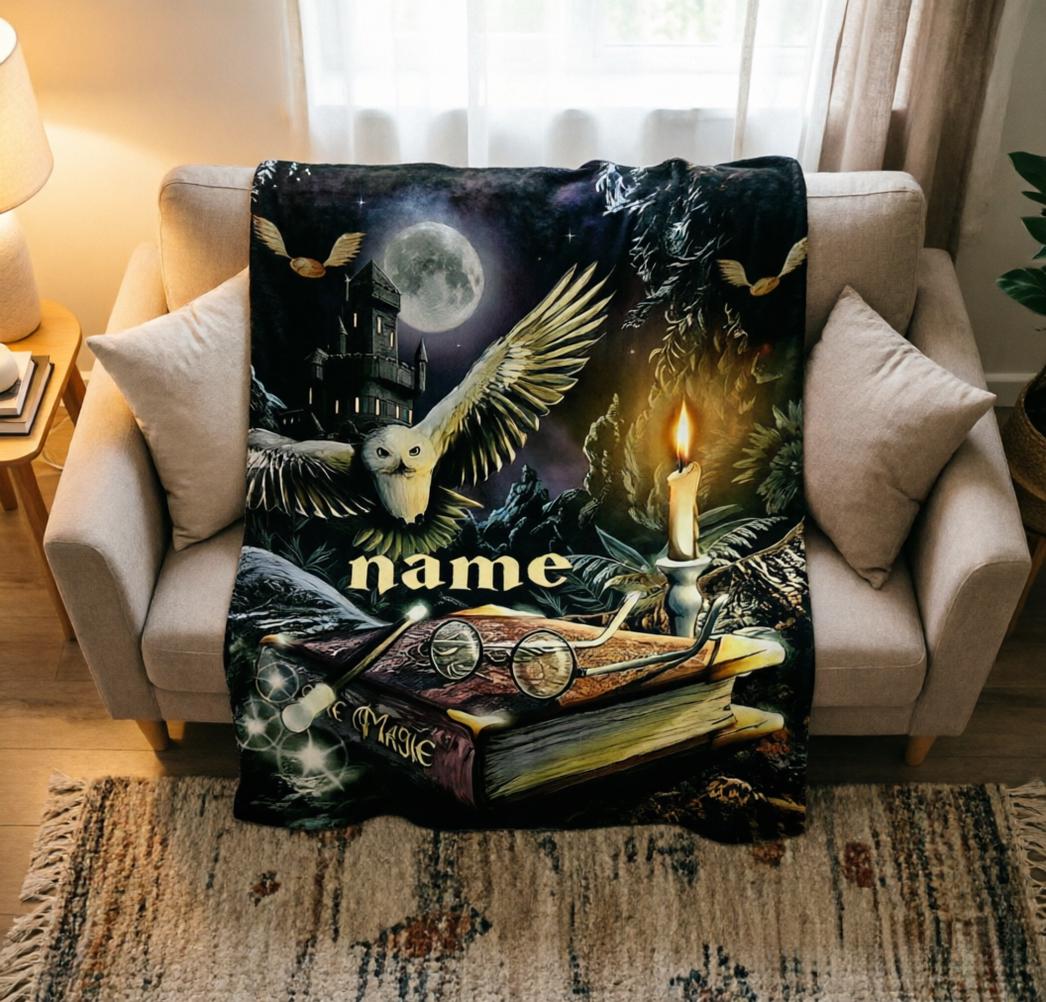 Personalized Magic Wizard Blanket, Starry Night Castle Throw, Fantasy Gift