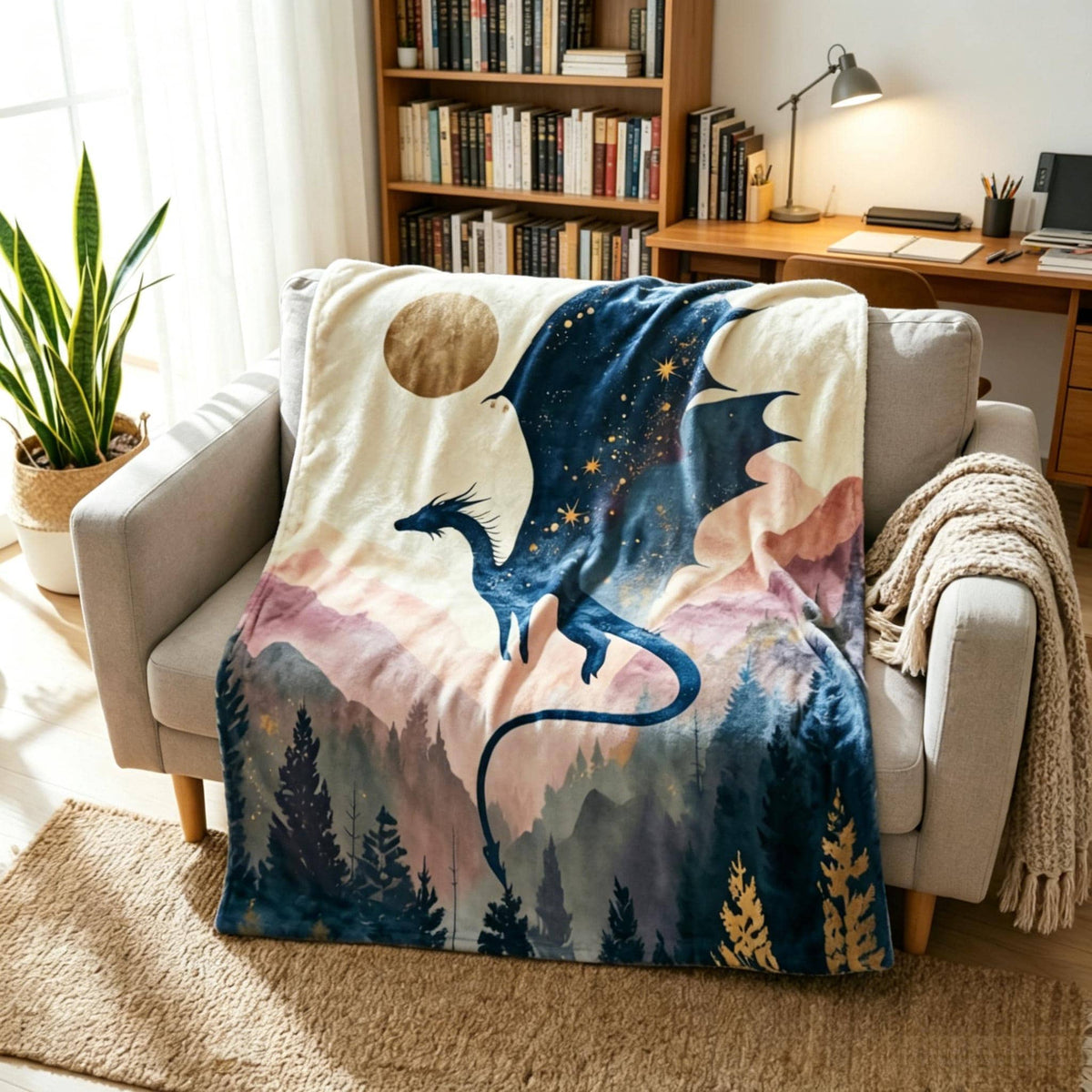 Watercolor Dragon Moon Blanket Soft Throw, Magical Forest Night Throw Gift