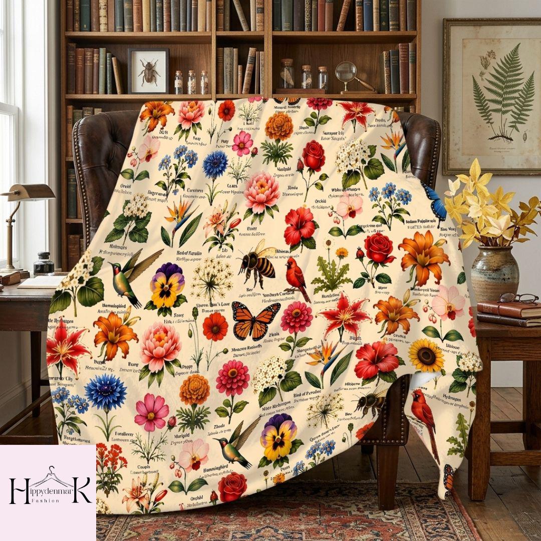 Vintage Cottagecore Floral Blanket, Cottagecore Hummingbird Blanket, Hummingbird Cardinal Bird Lover Gift, Nature Science Teacher Gift