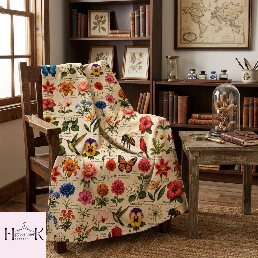 Vintage Cottagecore Floral Blanket, Cottagecore Hummingbird Blanket, Hummingbird Cardinal Bird Lover Gift, Nature Science Teacher Gift