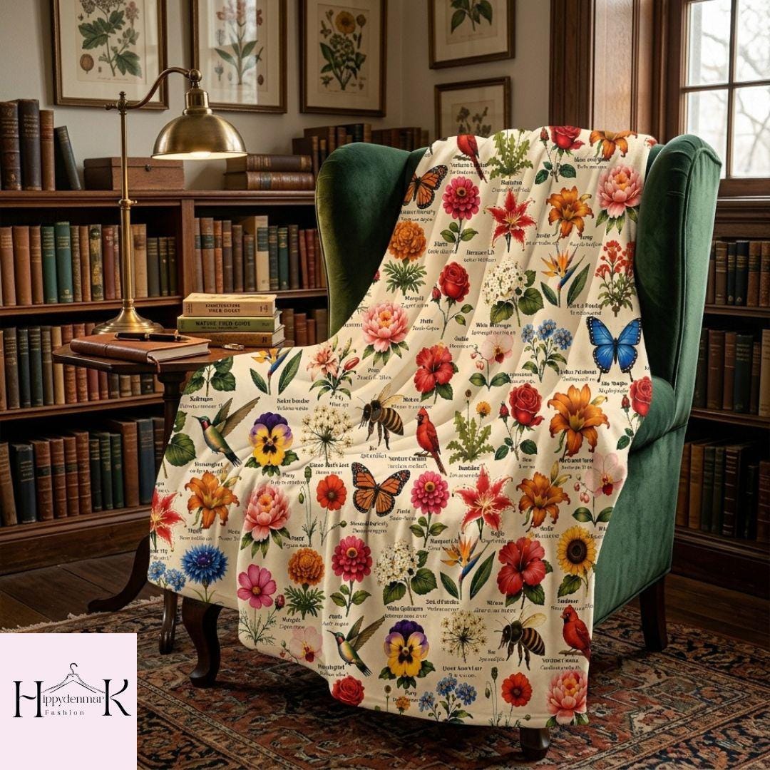 Vintage Cottagecore Floral Blanket, Cottagecore Hummingbird Blanket, Hummingbird Cardinal Bird Lover Gift, Nature Science Teacher Gift