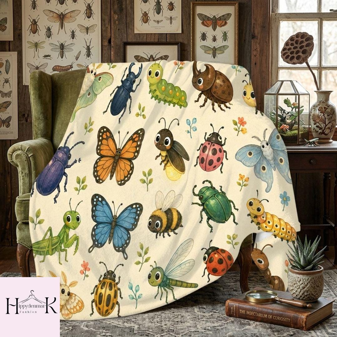 Cute Insect Bug Blanket, Vintage Beetle Butterfly Throw, Kids Bedroom Decor, School Science Teacher Gift, Colorful Caterpillar Gift