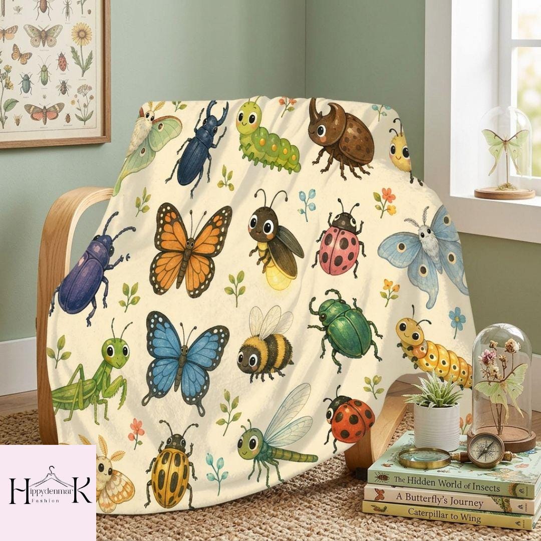 Cute Insect Bug Blanket, Vintage Beetle Butterfly Throw, Kids Bedroom Decor, School Science Teacher Gift, Colorful Caterpillar Gift