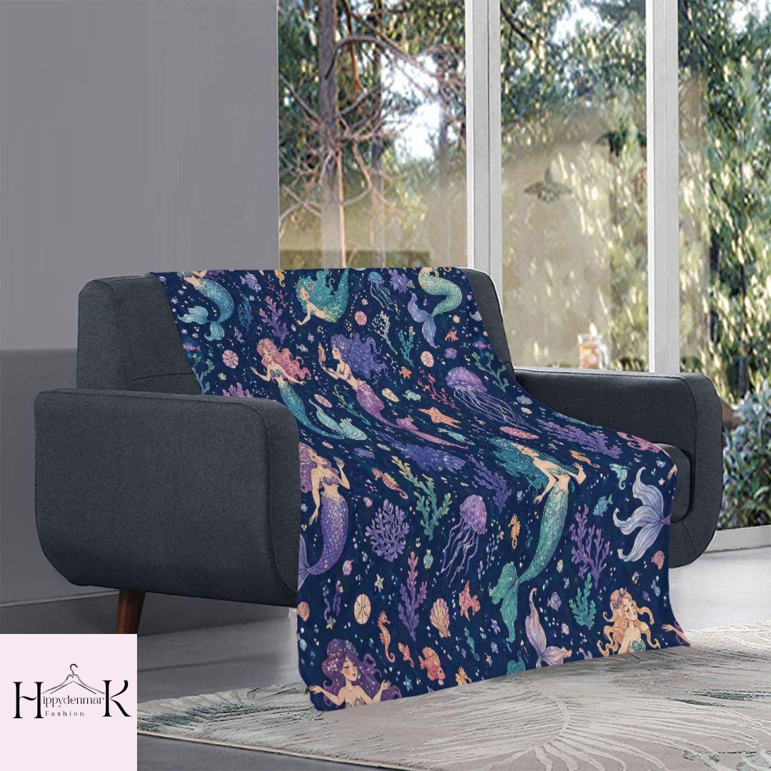 Cute Mermaid Throw Blanket, Ocean Life Fleece Blanket, Magical Sea Kids Bedding, Under The Sea Nursery Decor, Birthday Gift for Girls