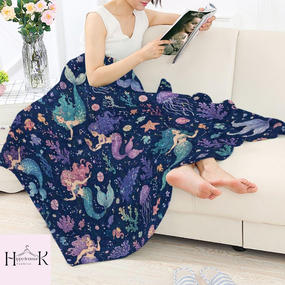 Cute Mermaid Throw Blanket, Ocean Life Fleece Blanket, Magical Sea Kids Bedding, Under The Sea Nursery Decor, Birthday Gift for Girls