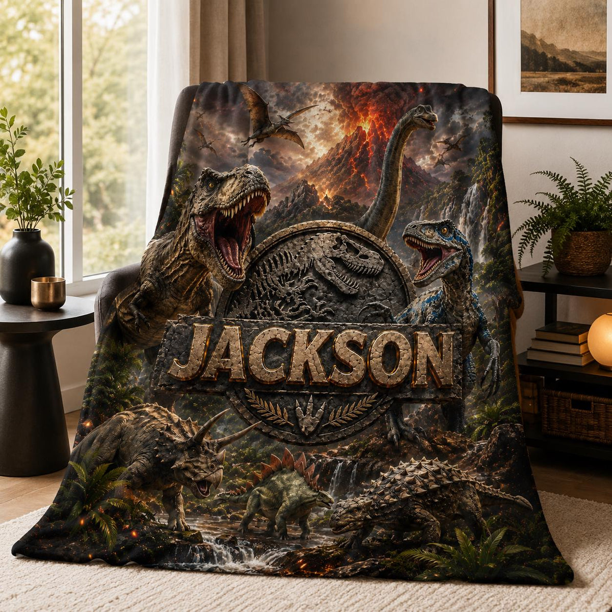 Personalized Dinosaur Blanket Custom Jurassic Flannel Throw T-Rex Kids Name Blanket Boys Room Decor Dinosaur Birthday Gift For Toddler