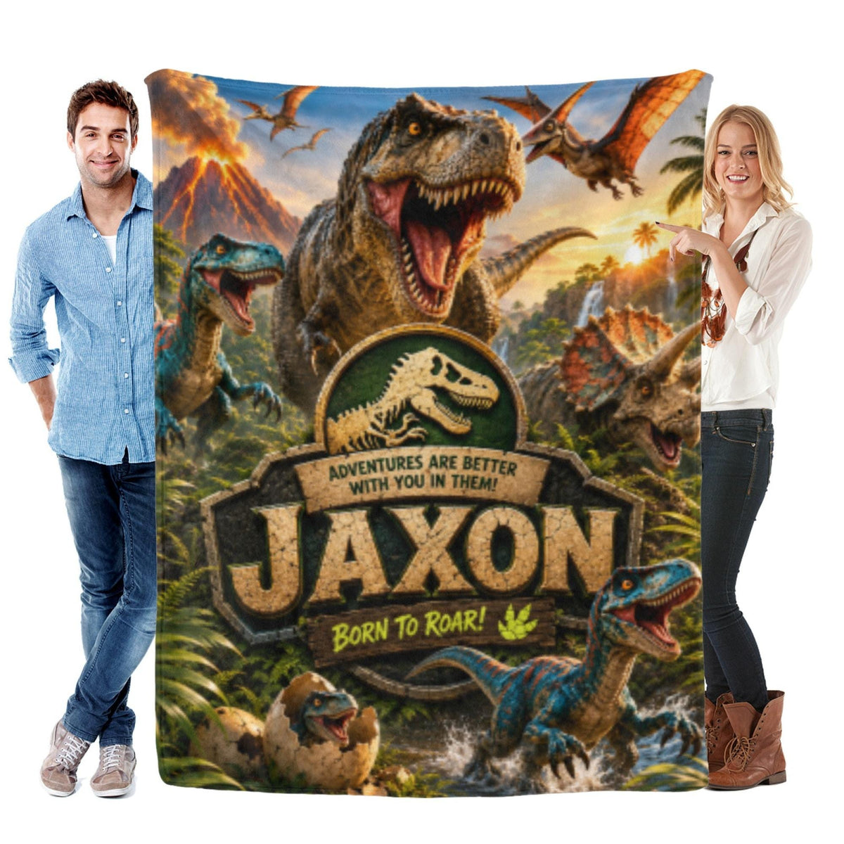 Personalized Dinosaur Flannel Blanket for Boys Custom Name T-Rex Jurassic Prehistoric Volcano Throw Kids Birthday Gift Bedroom Decor