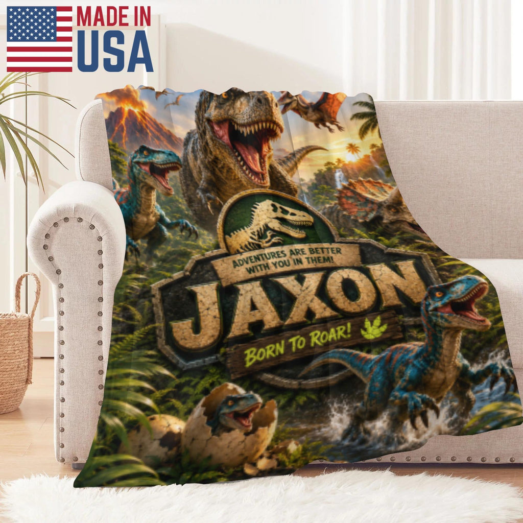 Personalized Dinosaur Flannel Blanket for Boys Custom Name T-Rex Jurassic Prehistoric Volcano Throw Kids Birthday Gift Bedroom Decor