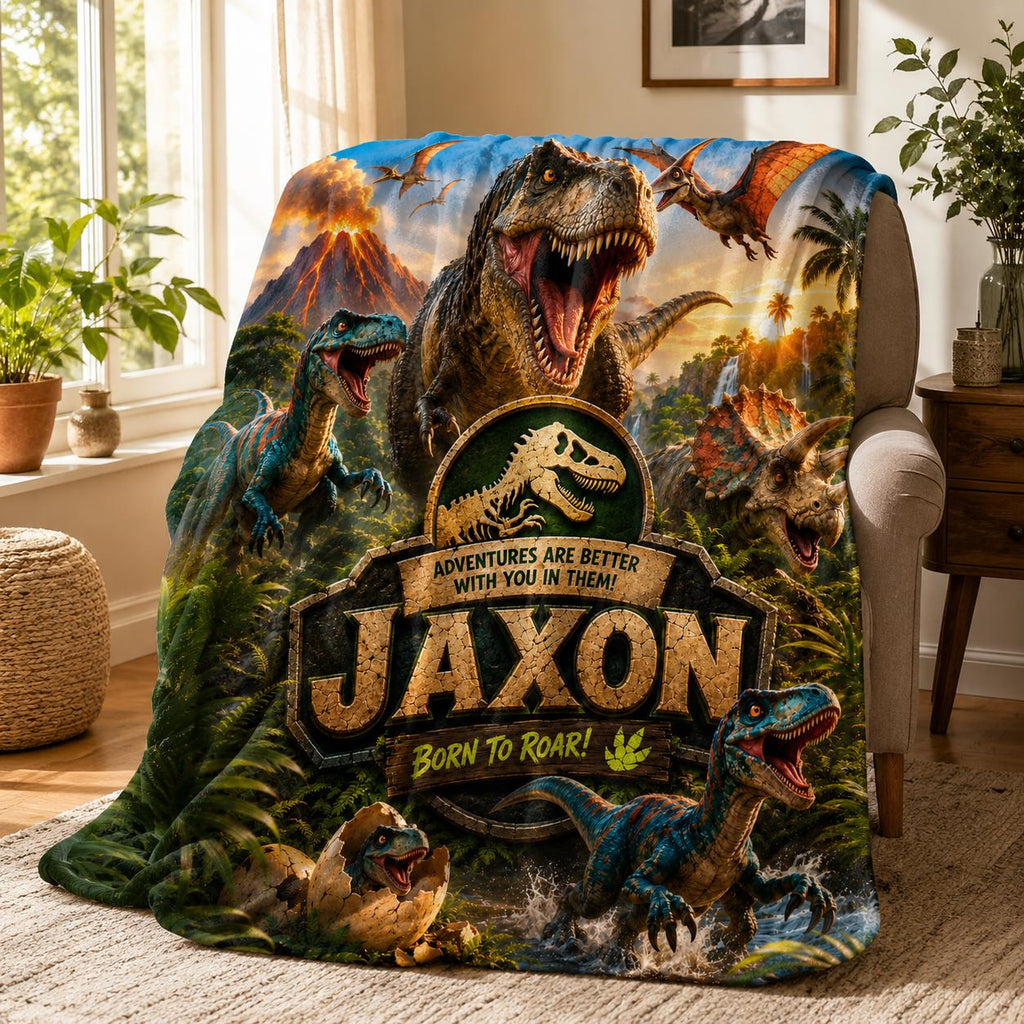 Personalized Dinosaur Flannel Blanket for Boys Custom Name T-Rex Jurassic Prehistoric Volcano Throw Kids Birthday Gift Bedroom Decor