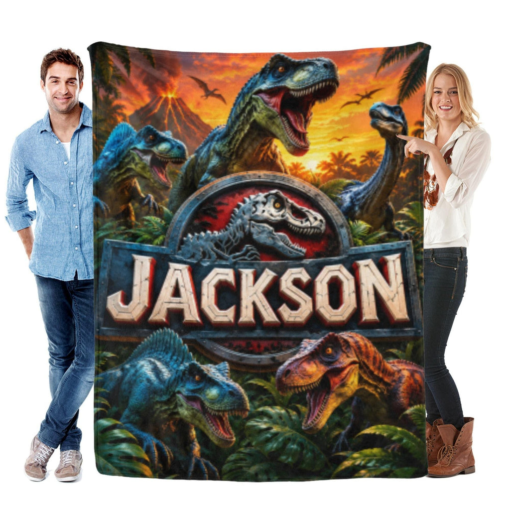 Custom Dinosaur Blanket, Personalized Jurassic Flannel Throw, T-Rex Prehistoric Bedding for Boys, Kids Custom Name Birthday Gift Idea