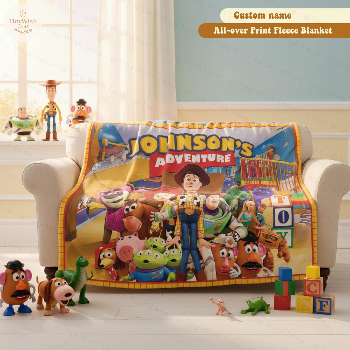 Custom Name Disney Toy Story Blanket, Woody Buzz Lightyear Jessie Blanket, Personalized Toy Story 5 Blanket, Toy Story 5 Gift for Boy, Girl