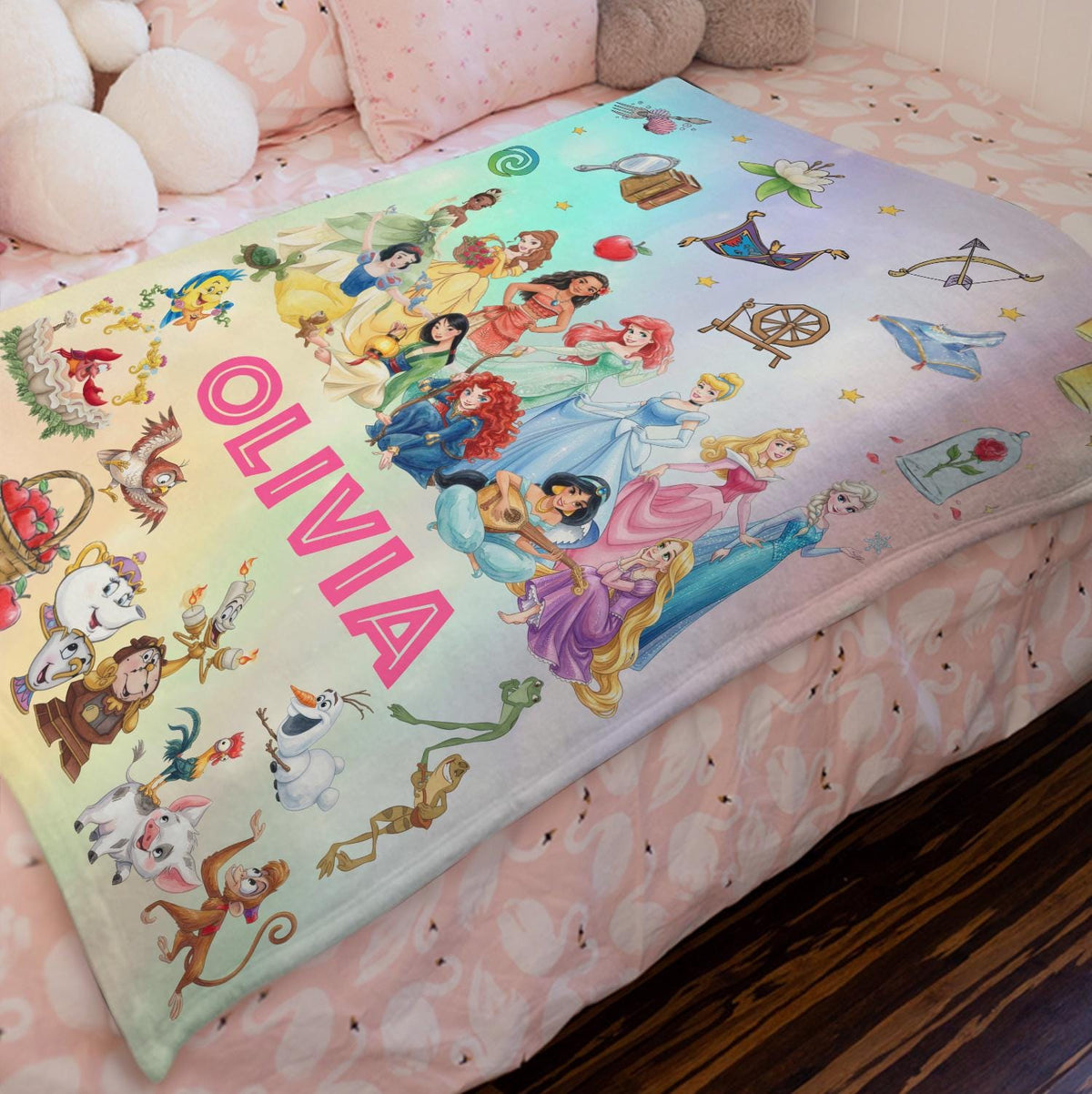 Personalized Disney Princess Blanket, Custom Name Princess Blanket for Girls, Kids Toddler Birthday Gift, Cute Girl Room Decor Blanket, WDW