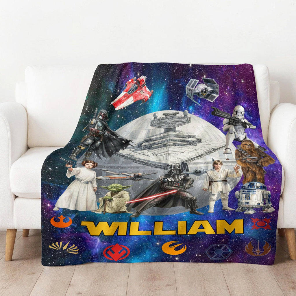 Personalized Star Wars Blanket, Custom Name Galaxy Throw Blanket,Birthday Gift for Boys Kids Movie Fan Gift Cute Yoda Darth Vader Room Decor