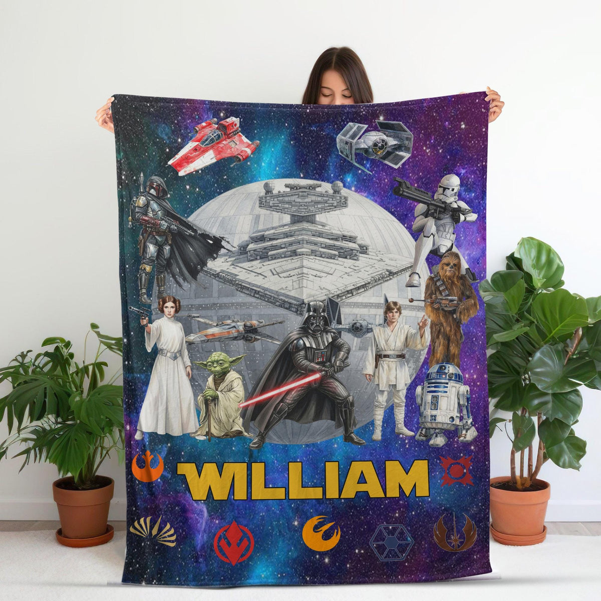 Personalized Star Wars Blanket, Custom Name Galaxy Throw Blanket,Birthday Gift for Boys Kids Movie Fan Gift Cute Yoda Darth Vader Room Decor