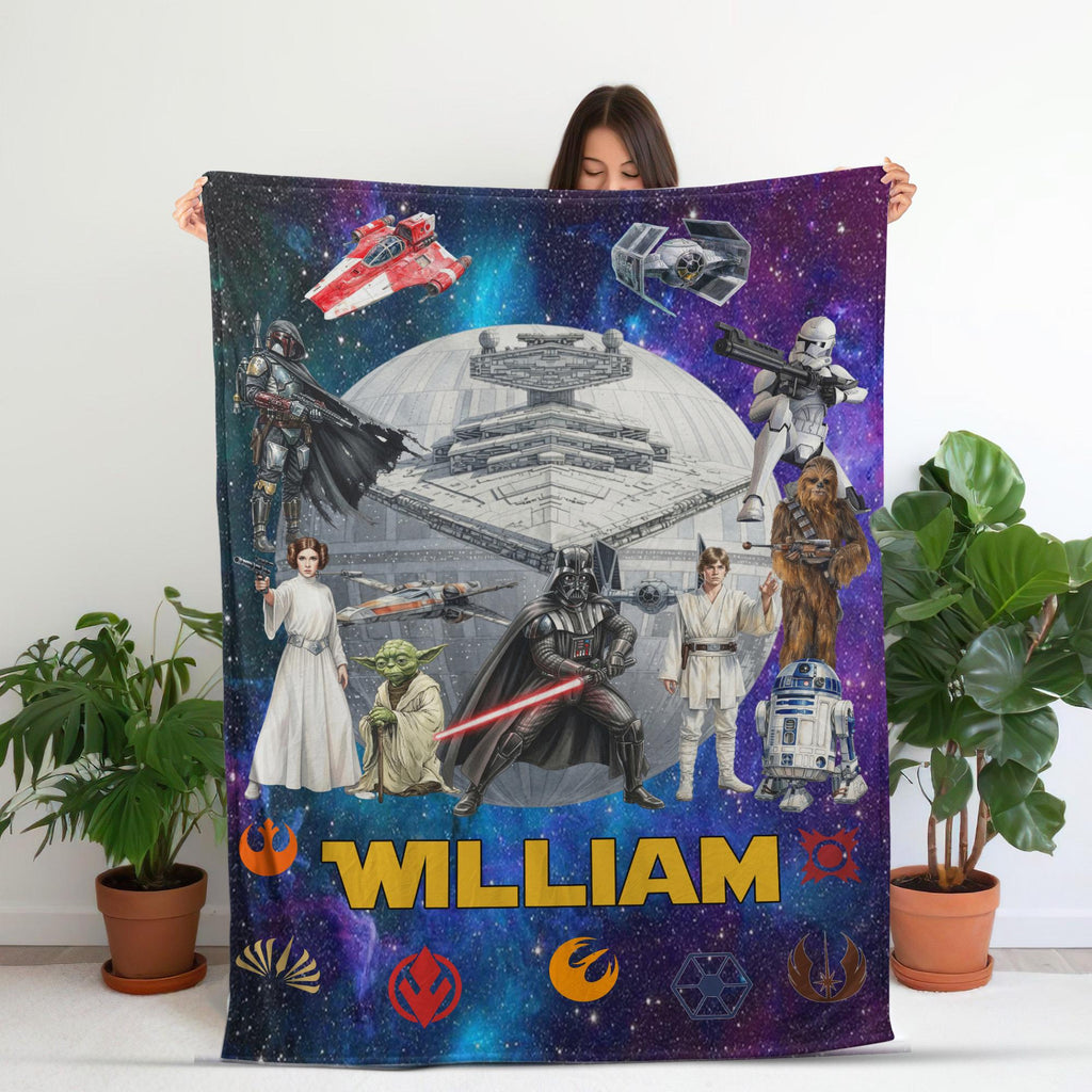 Personalized Star Wars Blanket, Custom Name Galaxy Throw Blanket,Birthday Gift for Boys Kids Movie Fan Gift Cute Yoda Darth Vader Room Decor