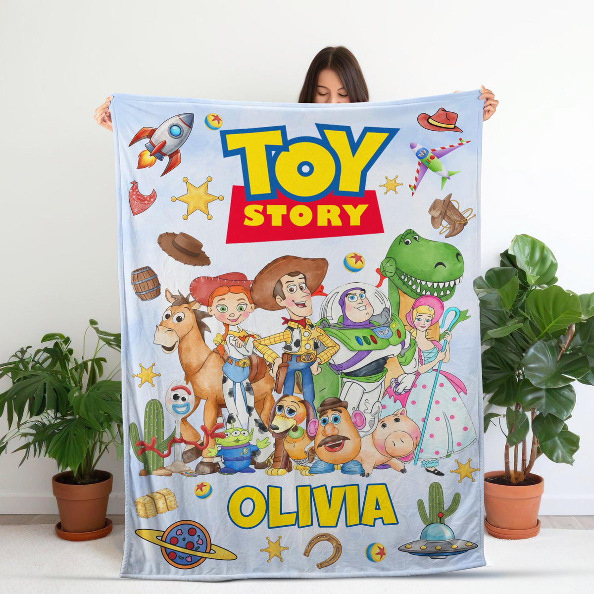 Personalized Toy Story Blanket,Custom Name Woody Buzz Kid Birthday Gift Toddler Fleece Blankets,Cute Custom Cartoon Blanket Baby Shower Gift