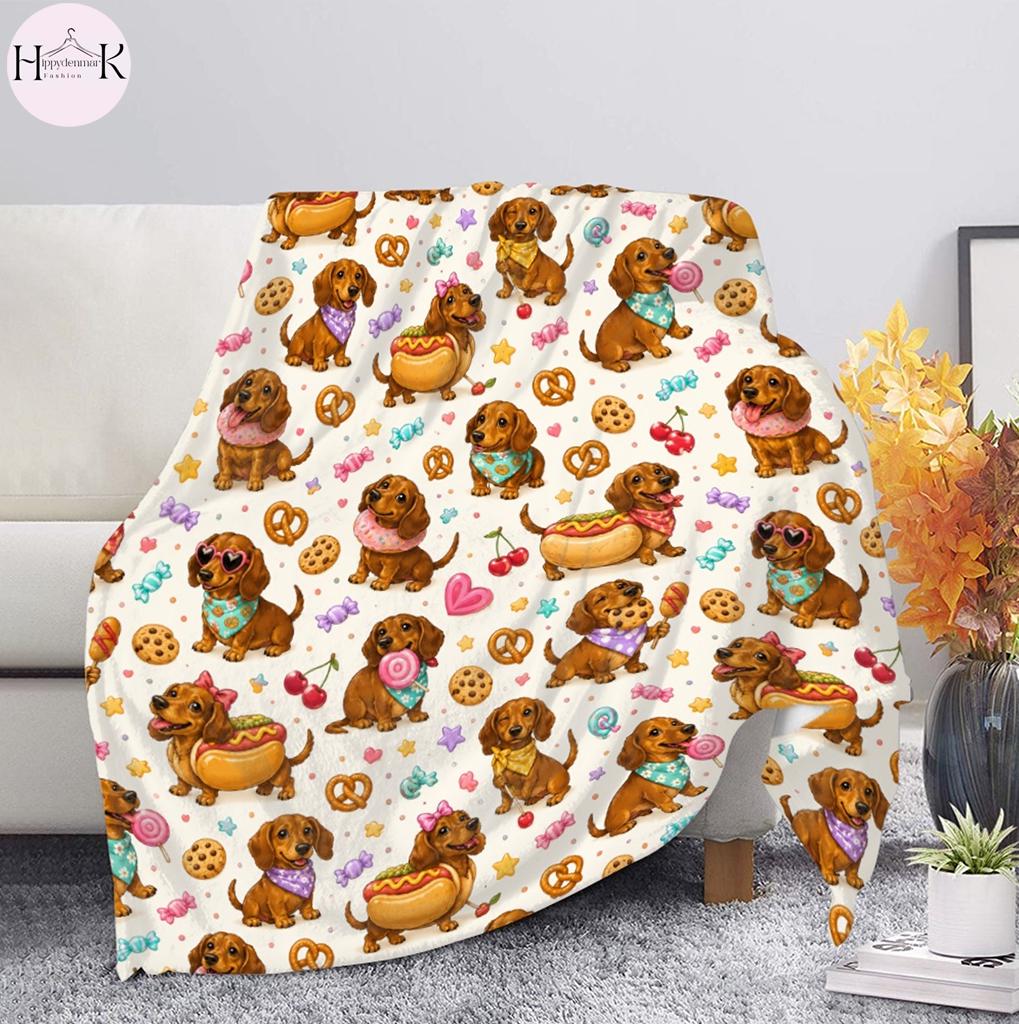 Dachshund Blanket, Cute Wiener Dog Candy Pattern Throw Blanket, Kawaii Sausage Dog Fleece Blanket, Dog Lover Gift, Cozy Home Decor