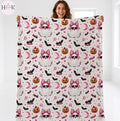 Coquette Halloween Ghost Blanket, Pink Bow Pumpkin Bat Throw Blanket, Cute Spooky Season Fleece Blanket, Cozy Halloween Home Decor Gift