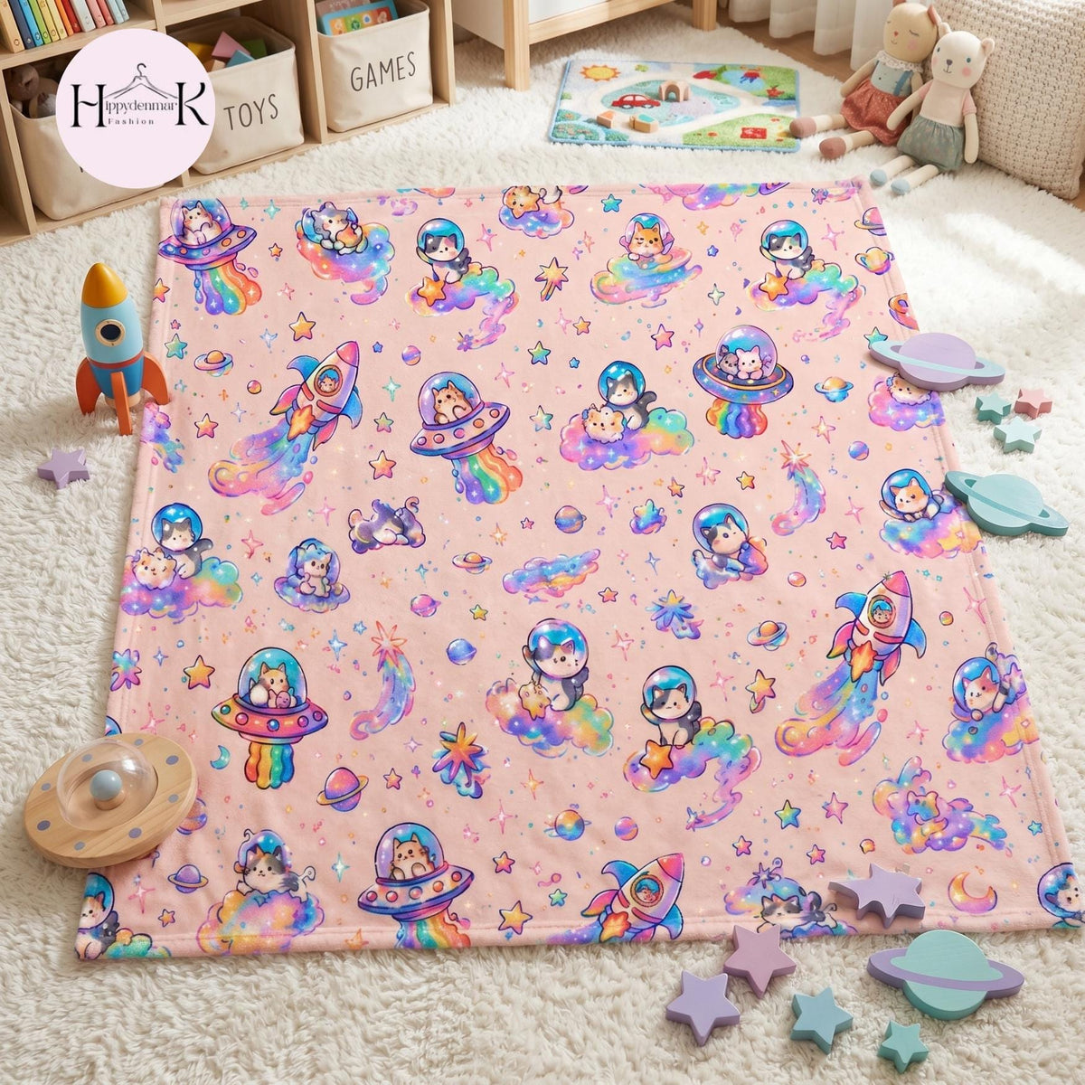 Cute Space Cat Blanket, Kawaii Galaxy Throw, Astronaut Kitty Fleece, Pastel Cosmic Blanket, Cozy Gift for Cat Lovers Kids
