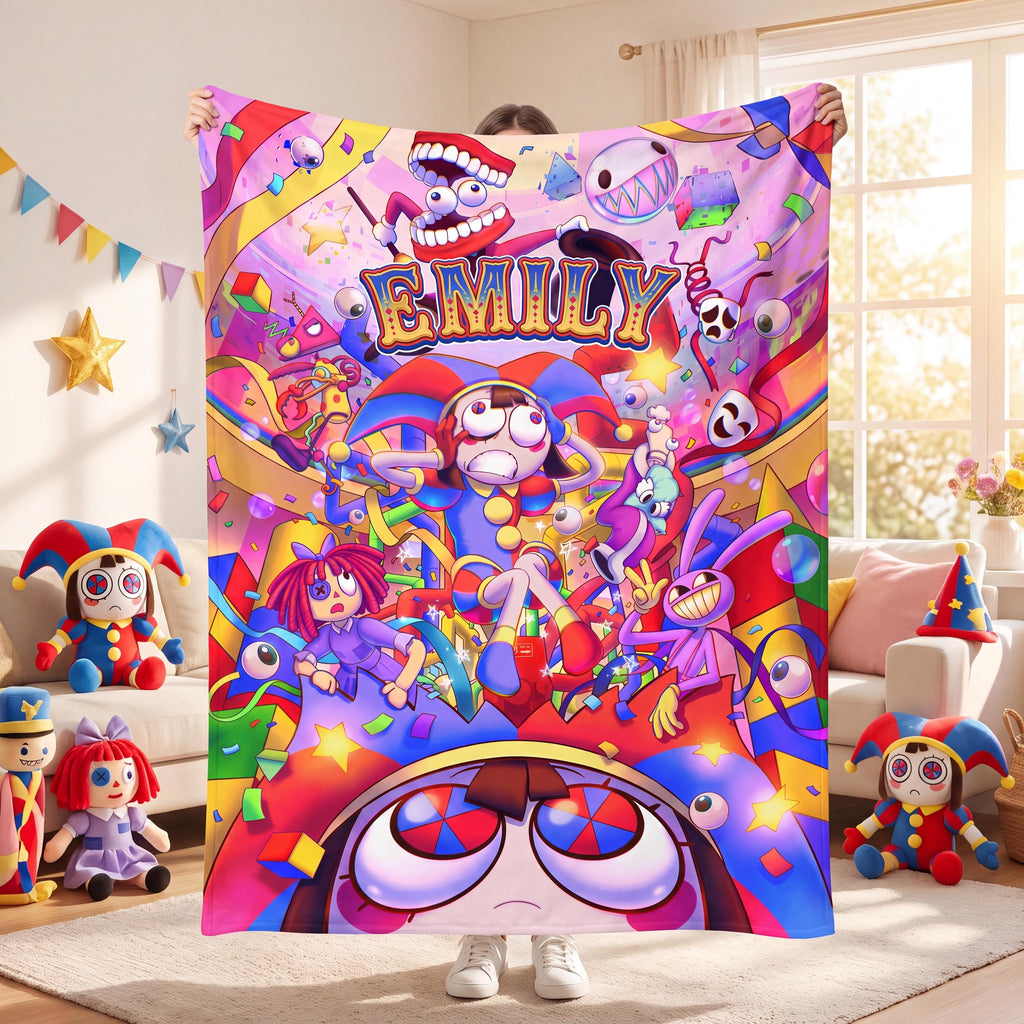 Custom Circus Flannel Blanket, Personalized Throw, Kids Cartoon Bedroom Decor, Gamer Birthday Gift Name Blanket Decor, TADC Fan Gift