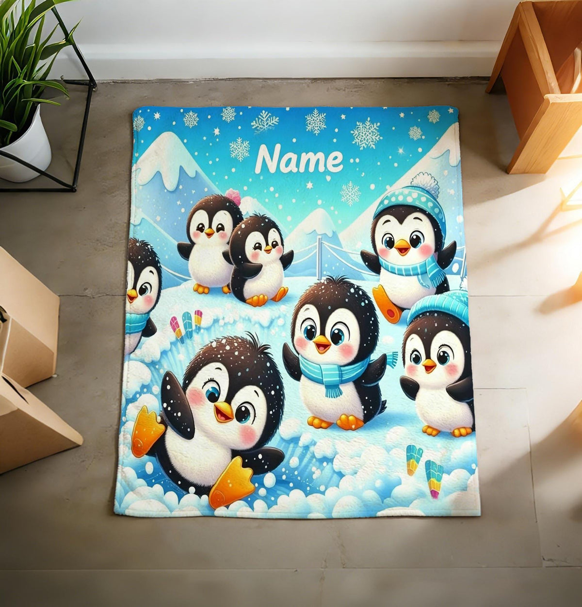Custom Name Penguin Fleece Blanket, Cozy Animal Throw, Winter Snowflakes