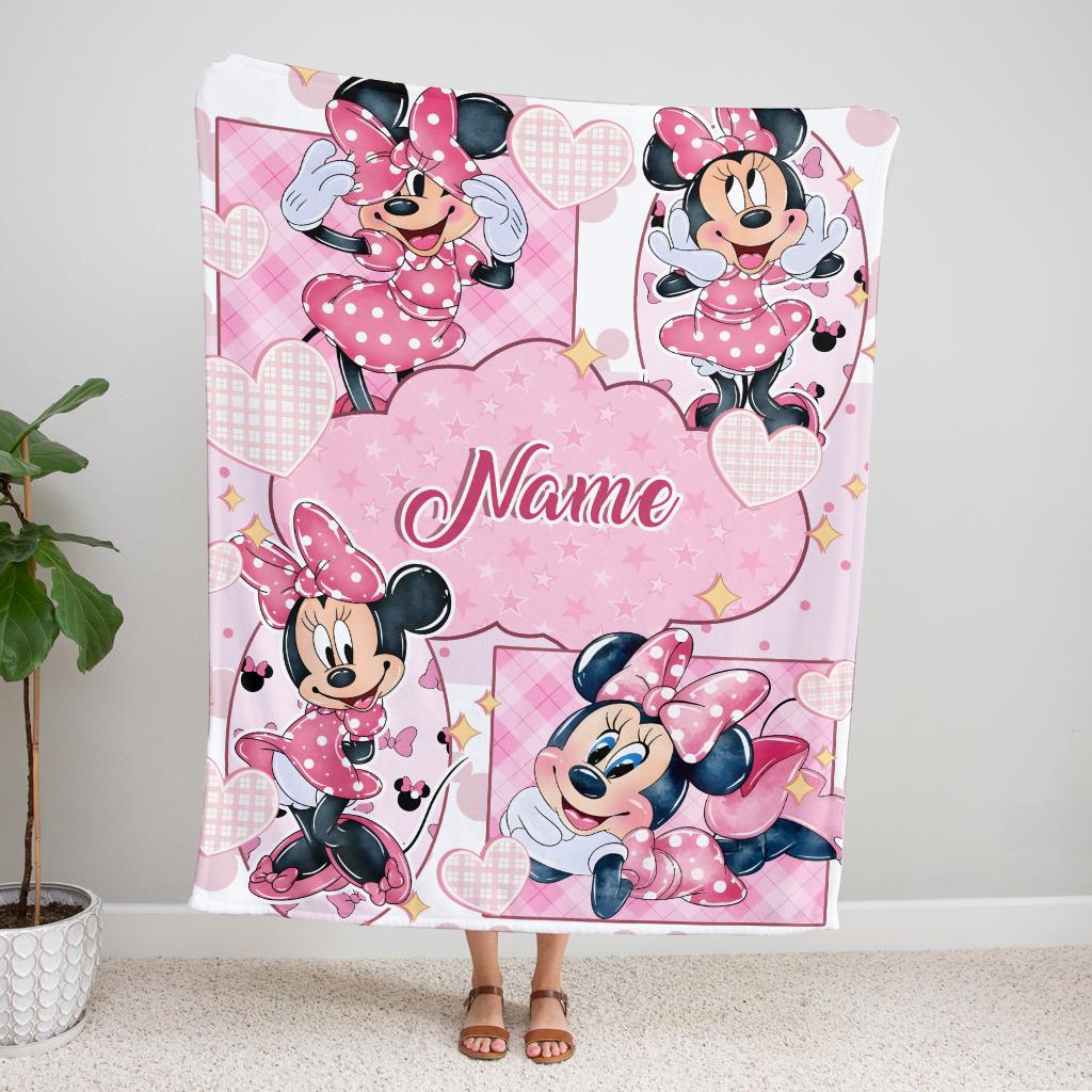 Custom Minnie Mouse Blanket for Girls, Personalized Pink Fleece Throw with Name, Cute Disney Nursery Decor, Toddler Birthday Gift