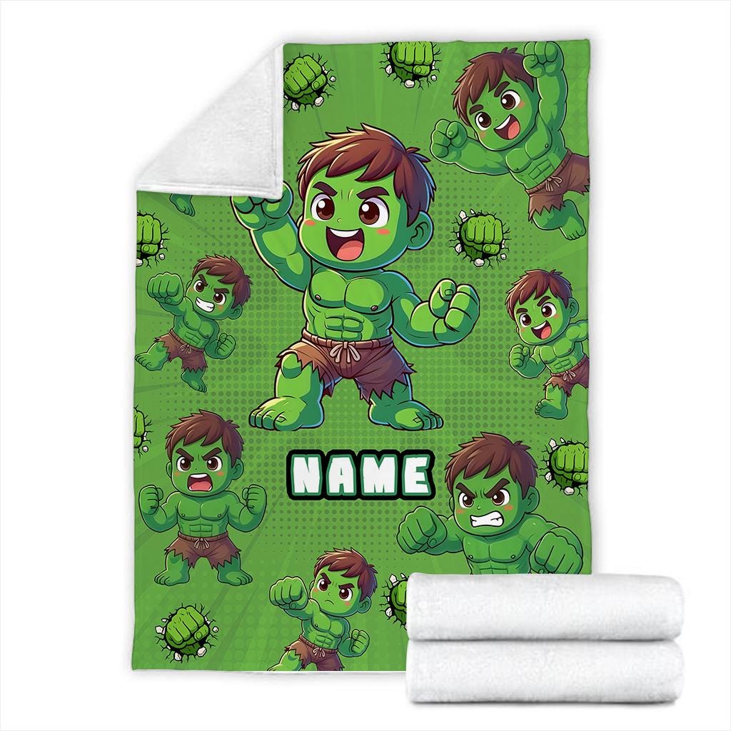 Custom Name Hulk Blanket for Boys, Personalized Green Fleece Throw with Name, Cute Avenger Nursery Decor, Toddler Birthday Gift For Boy