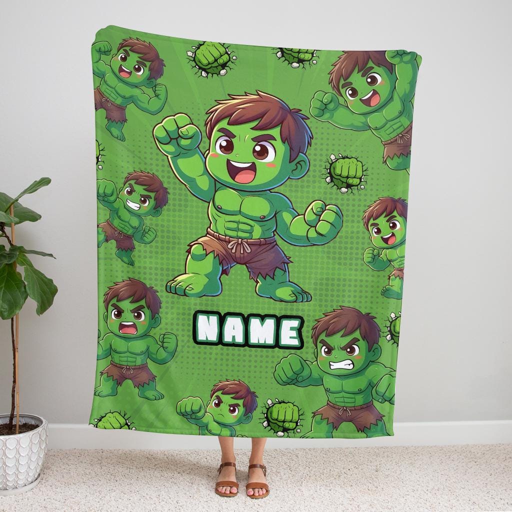 Custom Name Hulk Blanket for Boys, Personalized Green Fleece Throw with Name, Cute Avenger Nursery Decor, Toddler Birthday Gift For Boy