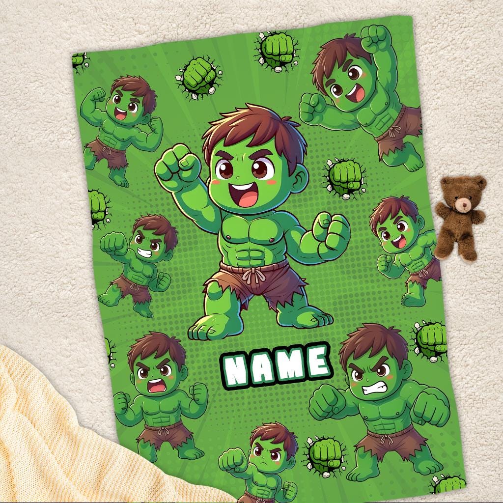 Custom Name Hulk Blanket for Boys, Personalized Green Fleece Throw with Name, Cute Avenger Nursery Decor, Toddler Birthday Gift For Boy