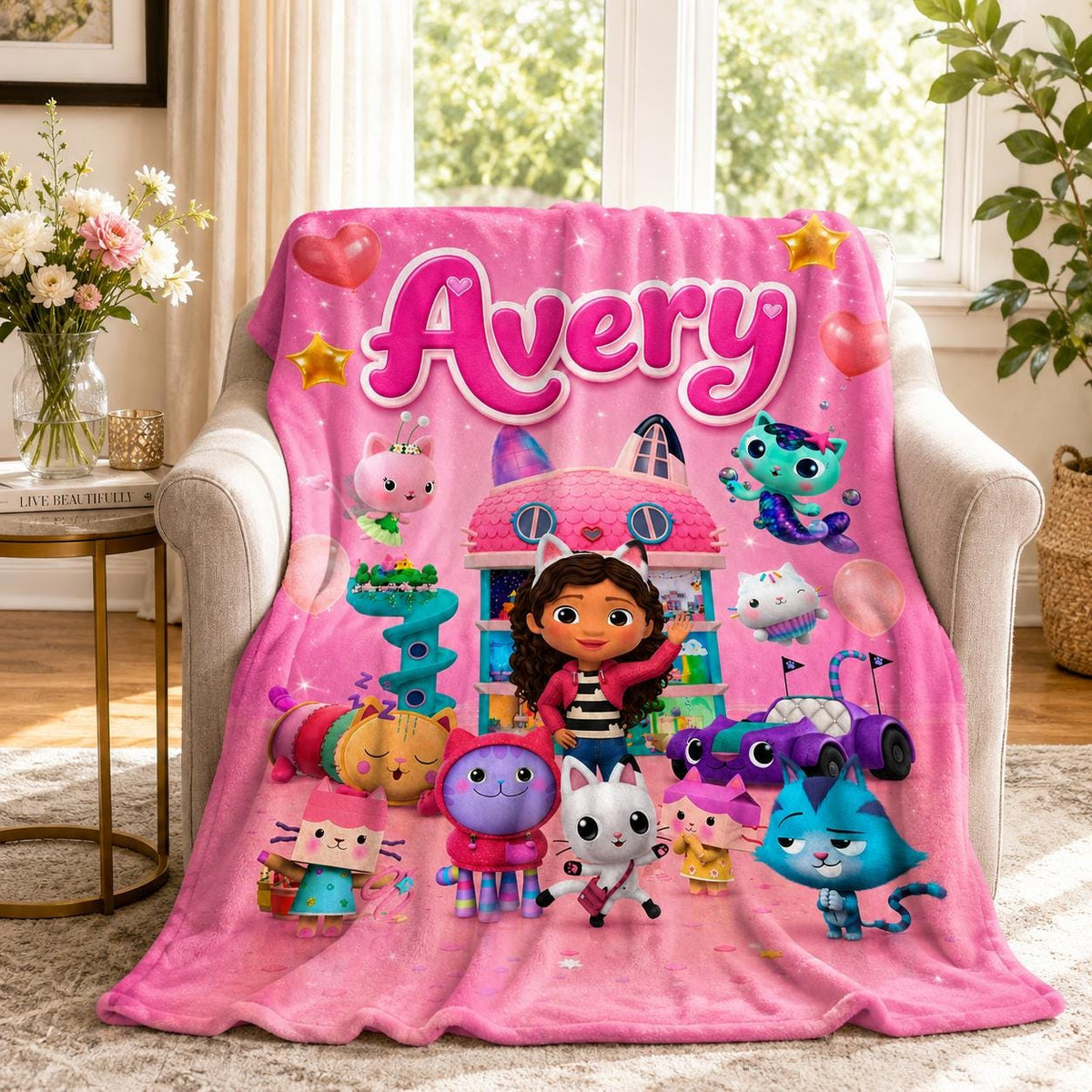 Personalized Gabby Cat Blanket Custom Name Flannel Throw Kitty Dollhouse Kids Bedding Toddler Girl Birthday Gift Pink Cat Room Decor